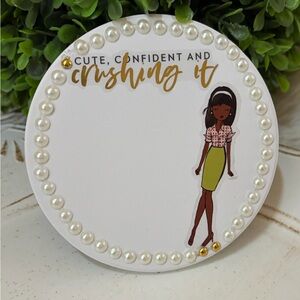 Custom designed circular coaster with dainty girl and pearl detail
